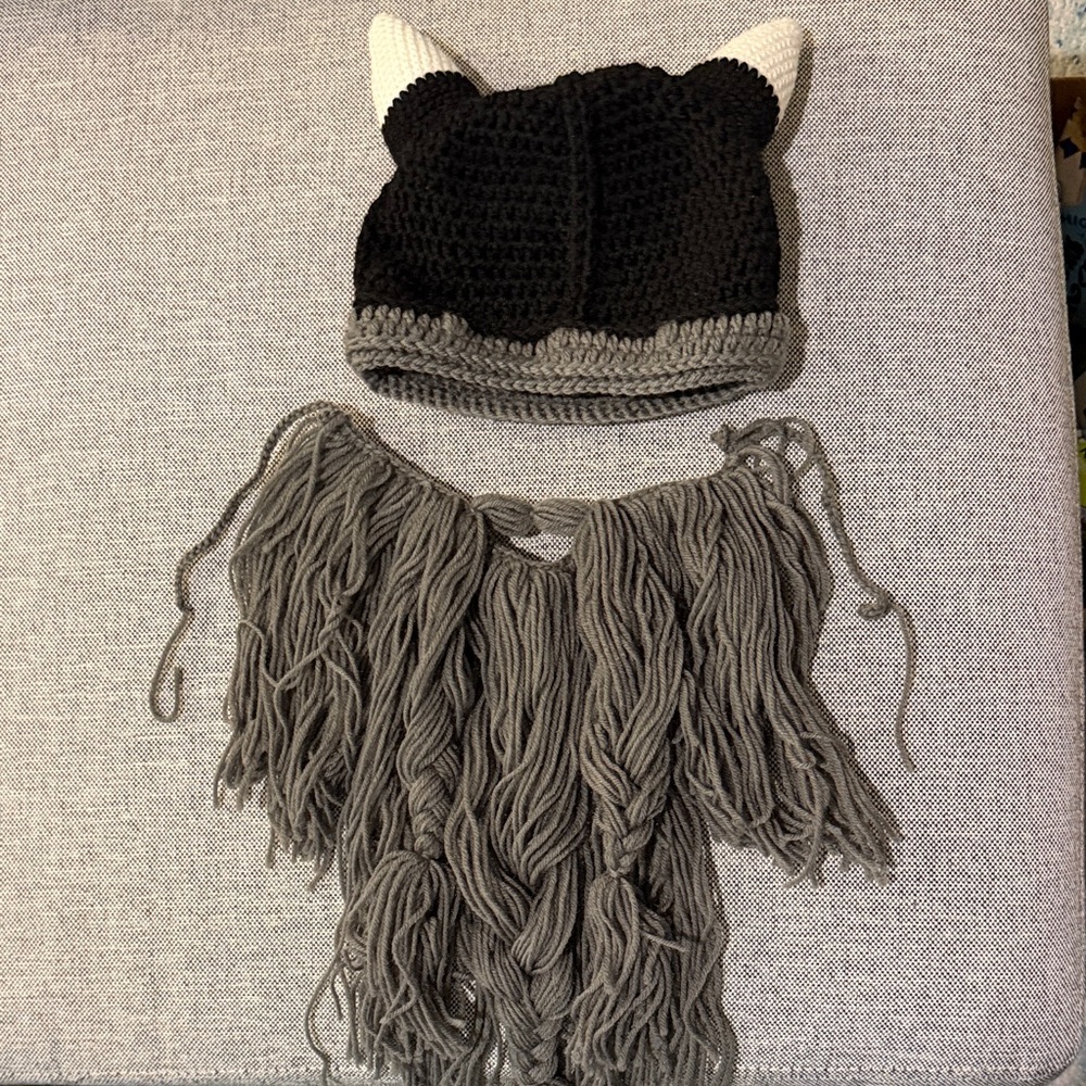 Black and Gray Knit Dwarf Viking Hat with Beard